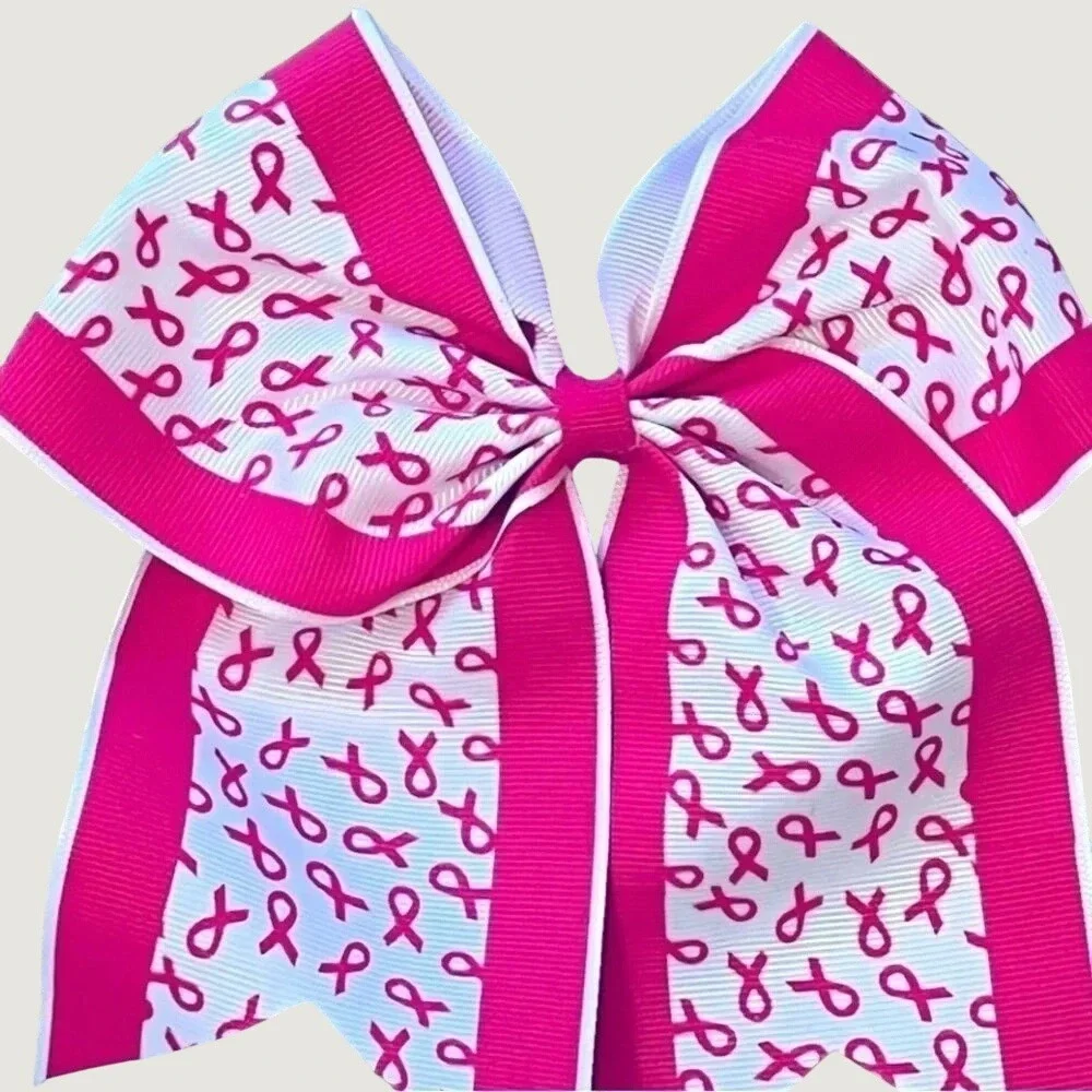 Cheer Hair Bows Set Of 2 Pink White Breast Cancer Awareness Glitter Sparkle